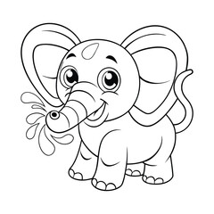 Fototapeta premium Playful baby elephant spraying water for kids to color book Vector illustration