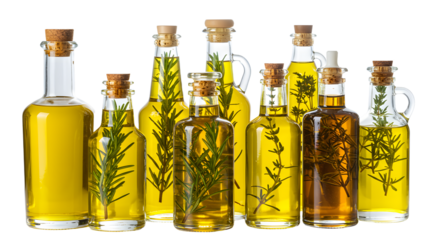 Assorted glass bottles filled with aromatic oils, featuring fresh herbs, arranged aesthetically on a bright background