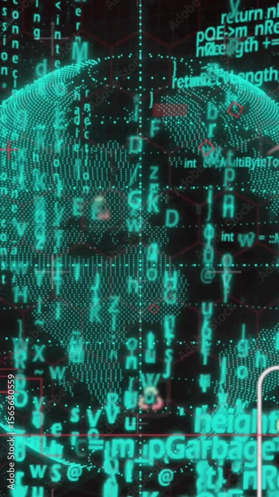 Poster animation of computer icons over computer language against globe on black background