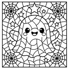 Fototapeta premium Cute Halloween Ghost Coloring Page with Stars and Spiderwebs