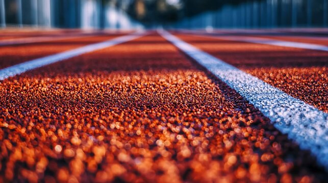 Track lanes. Red running surface, white lines, blurred background. Close up view