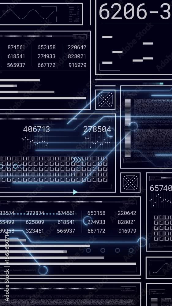 Poster animation of graphs, loading bars and circles with changing numbers against connected dots