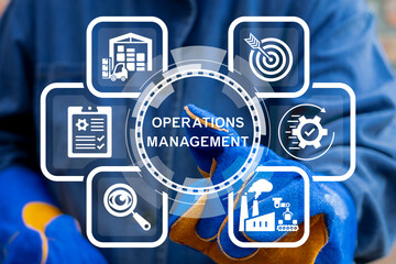 Worker using virtual touch screen presses the inscription: OPERATIONS MANAGEMENT. Operations Management Modern Industry Warehouse Concept.