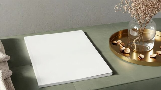 White blank A4 paper on green background presenting a video mockup, with golden tray and flower vase for decoration.