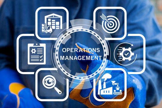 Worker using virtual touch screen presses the inscription: OPERATIONS MANAGEMENT. Operations Management Modern Industry Warehouse Concept.