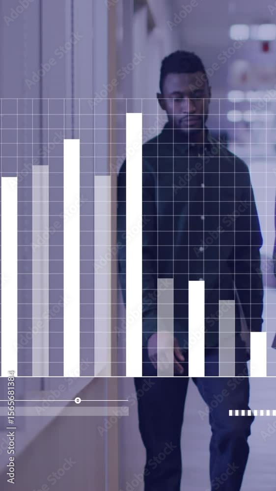 Poster animation of graph and loading bars, diverse coworkers discussing reports while walking in corridor