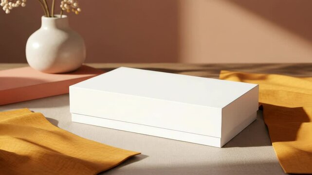 Presenting simple box mockup, a sleek minimalist package resting on muted textiles alongside a ceramic vase. This box mockup provides ample space for showcasing branding or product design