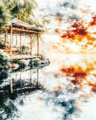 Wellness Retreats for Women Detox Nature, Serene Bamboo Pavilion Overlooking Sunset and Calm Water Reflections