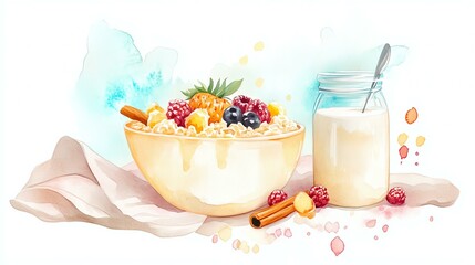 Watercolor Breakfast Organic Realistic, Fresh and Healthy Breakfast Bowl with Milk and Berries Illustration