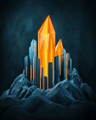 Public Cloud DevOps CICD, Futuristic Cityscape with Crystal Structures Rising Above Mountains