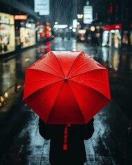 Red Umbrella Fashionable Reflection, Red Umbrella in Rainy City Street at Night with Reflections