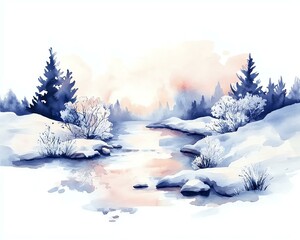 Watercolor Landscape River Realistic, Serene Winter Landscape with Snowy Trees and Tranquil Water Reflection