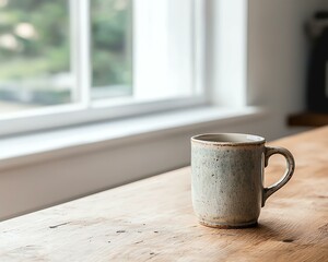 Rustic Charm, Farmhouse Style, Wholesome, Rustic Ceramic Mug on Wooden Table Near Window with Soft Light