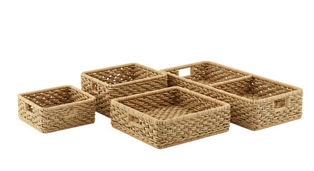 Obraz premium A collection of woven storage baskets arranged artistically on a neutral background, perfect for home organization and decor