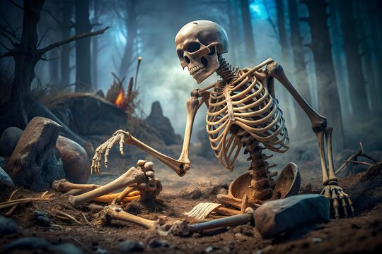 At night in a mystical forest, the skeleton of a slain warrior with a sword wound to the head tries to collect himself for revenge.