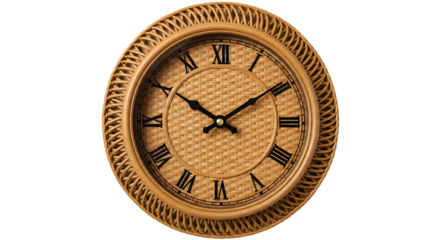 Elegant round wall clock with Roman numerals, showcasing intricate woven design and classic black hands against a neutral background