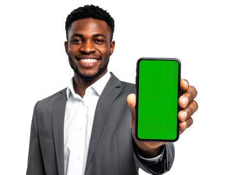 Happy Young African American Businessman Showing Smartphone with Green Screen on Isolated transparent background - Powered by Adobe
