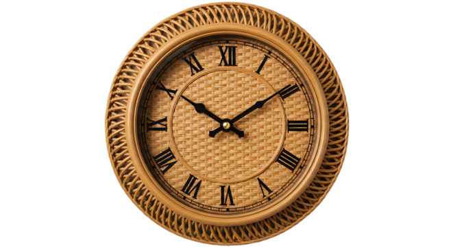 Elegant round wall clock with Roman numerals, showcasing intricate woven design and classic black hands against a neutral background