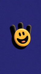 Joyful Hand gesture: A vibrant, 3D-rendered hand shape playfully presents a smiling face icon, exuding happiness. It's a cheerful symbol of joy, positivity, and lightheartedness.