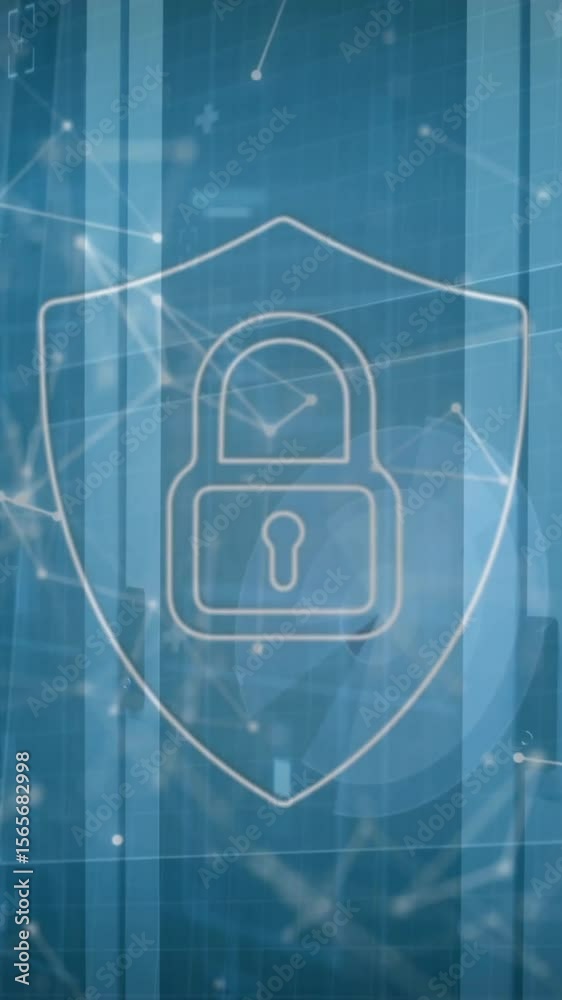 Poster animation of padlock icon and digital data processing over computer servers
