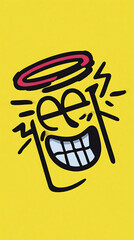 Joyful Illustration on Yellow Background: A vibrant illustration featuring an expressive face with a halo, smiling against a backdrop, radiating joy, energy, and positivity.