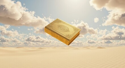 Golden Book Floating Above Desert Landscape, Clouds in the Sky, Religious and Spiritual Symbolism