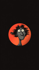Smiling Cartoon Character: A whimsical illustration of a cartoon character with wild hair, smiling warmly against a dark background with a red circle.