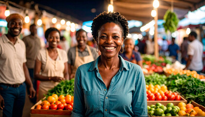 Obraz premium Woman in the market. Fresh fruits and vegetables fill colorful market stands, lit by hanging lights. Shoppers in the background create a lively, vibrant scene full of texture, color, and local charm.