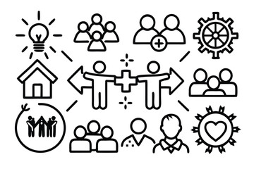 gender equality, community teamwork, diversity and collaboration Icon set, inclusion, partnership, human connection, justice, and unity for social issues, human rights, equality, gender roles, 