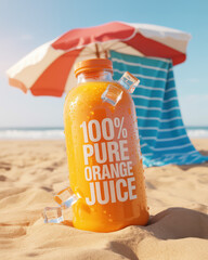Chilled 100% pure orange juice bottle on a sunny beach, ideal for a refreshing summer day.
