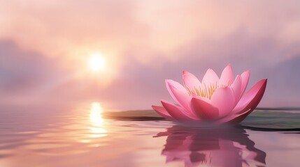 The water at sunrise is home to a delicate floating pink lotus flower