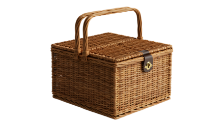 A rustic wicker picnic basket with a sturdy handle, set against a neutral background, ideal for outdoor dining and gatherings