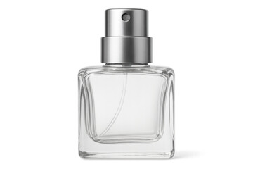 Empty glass perfume bottle with a silver cap, isolated on a transparent background, ready for your product placement