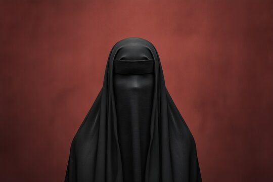 mysterious abstract figure fully covered in black burka with textured red backdrop