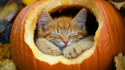 A cute orange kitten peacefully sleeps inside a carved pumpkin.