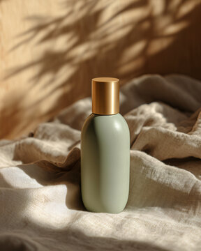 Pale sage green squeeze bottle with matte gold cap on beige linen and natural wood background