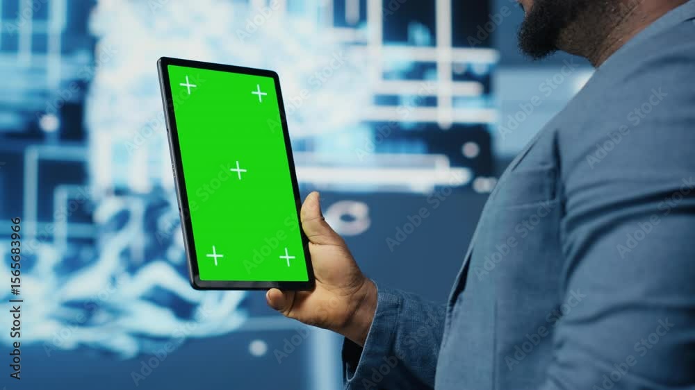 Poster black it specialist examining algorithmic data next to chroma key, using tablet in a high tech envir