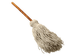 Traditional string mop with wooden handle isolated on black background, Isolated On Transparent Background, Png