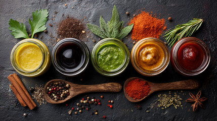 Assorted Sauces in Small Jars on Rustic Background with Spices