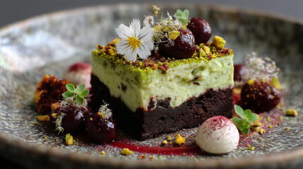 Gourmet Pistachio Kulfi on Stick with Brownie Crumb, Feuilletine and Cherry Sauce
