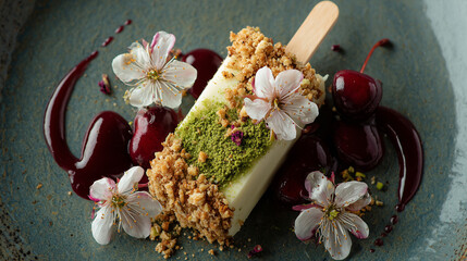 Gourmet Pistachio Kulfi on Stick with Brownie Crumb, Feuilletine and Cherry Sauce