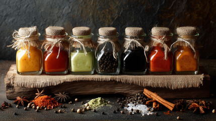 Assorted Sauces in Small Jars on Rustic Background with Spices