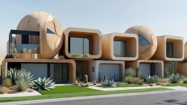 Futuristic Wooden Desert Houses with Geometric Domes and Succulent Garden
