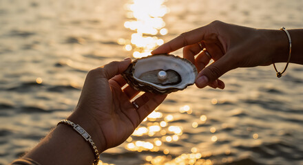 Celebrate National Oyster Day with a Gleaming Pearl Discovery from a Shell by the Ocean at Sunset