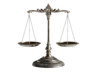 Antique silver scales of justice isolated on black background, Isolated On Transparent Background, Png