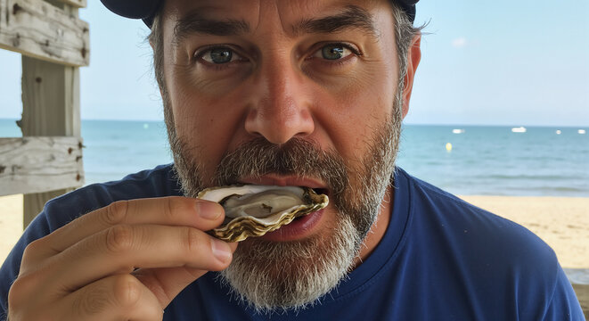 Enjoying a Delicious Oyster on National Oyster Day Celebrating the Ocean's Bounty by the Sea - Powered by Adobe