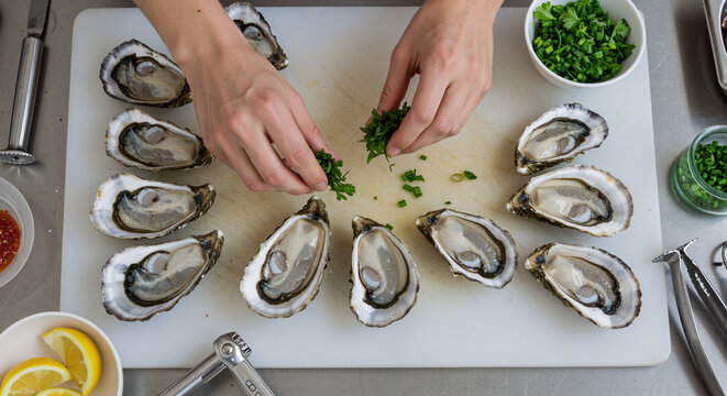 Delicious Fresh Oysters Prepared with Herbs and Lemon for a Special Celebration on National Oyster Day - Powered by Adobe