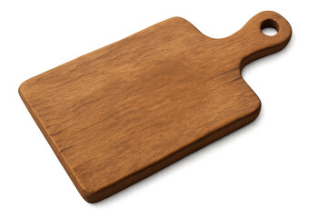 Fototapeta premium Rustic wooden cutting board lying on clear surface, ready for kitchen prep and showcasing fresh ingredients with natural charm