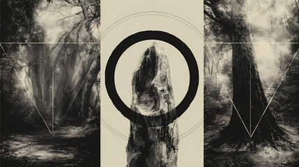 design frame for spiritual residue branding | witnessed quietude | bleached lime with hollow black | resonant asymmetry | edge-shedding technique | threshold forest line | ritualist minimalism |