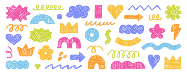Abstract geometric shapes and forms, chalk pencil doodle set. Crayon modern figures, brush crown, stars, arrow in sketch style. Hand drawn vector illustration isolated on white background